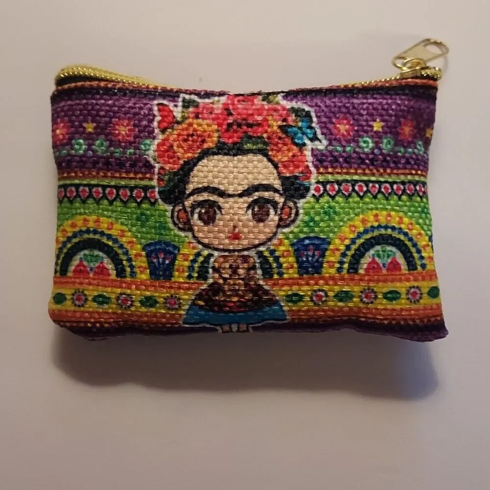 Frida Kahlo Coin Purse Makeup Bag colorful woven pattern zippered pouch
